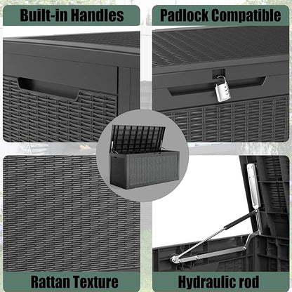 DRATO 100 Gallon Large Deck Box, Outdoor Storage Box for Patio Furniture, Patio Cushions, Gardening Tools, Pool Supplies,660lbs Weight Capacity,Waterproof Resin Storage Boxes（Black，100 Gallon）