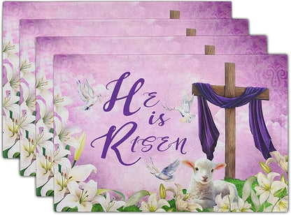 Giwawa He is Risen Placemats, Easter Cross Lamb Linen Washable Place Mat, Spring Lily Flowers Heat Resistant Table Mats for Kitchen Dining Holiday Party Decor, Set of 4, 12x18 Inch