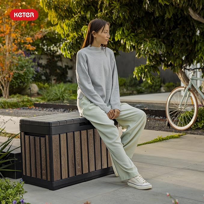 Keter Premium Everwood 50 Gal Outdoor Storage Box and Patio Side Table | Walnut - Image 9