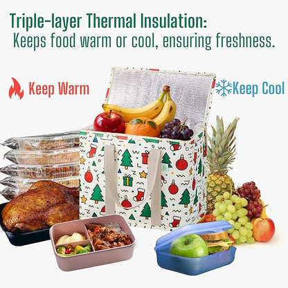 VENO 2 Pack Cooler Bag, Insulated Grocery Bags for Food Delivery, Collapsible Cooler, Reusable Shopping Bags for Groceries, Hard Bottom, Zippered, Foldable, Christmas Pattern (Jingle Mix, 2 Pack)