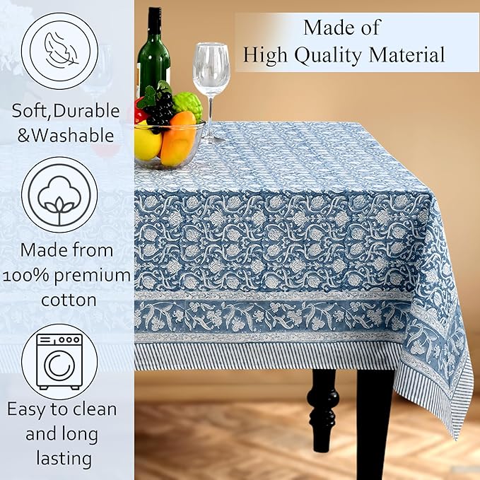 CPC Azure Regal Tablecloth 100% Cotton 70x118 Inch Indian Block Print Rectangle Table Cover, Table Cloth for Gifting in Weddings, Halloween, Fall, Christmas, Thanksgiving