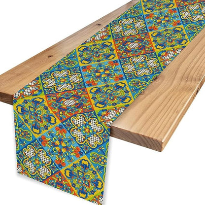 Mexican Table Runner, Blue Rustic Mexico Talavera Ceramic Hand Painted Tiles Cinco De Mayo Coffee Table Center Decor for Family Kitchen and Dining Patio Indoor Outdoor Table Decorations, 13" X 36"