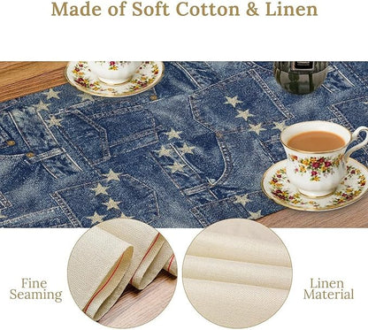 Patchwork Table Runner, Vintage Romance Jeans Pentagram Splicing Print Table Runner for Kitchen Dining Picnic Coffee Home 13x90in