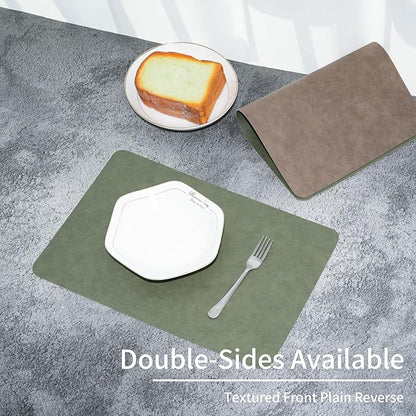 Cowhide Pattern Faux Leather Placemats Set of 6,Heat Resistant Non-Slip Waterproof Wipeable Washable Kitchen Dining PU Table Place Mats,Double-Sides Available,Green Brown