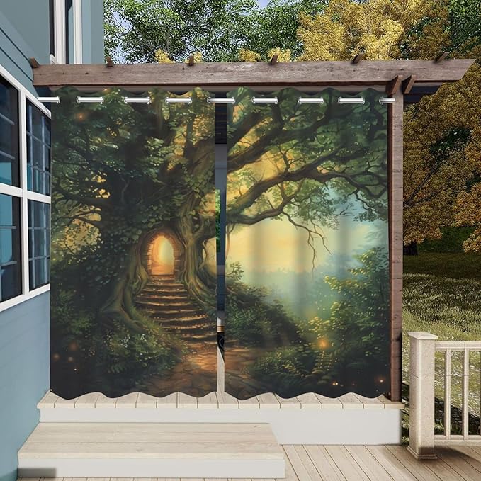 Fantasy Theme Waterproof Outdoor Curtains for Patio,Forest Pattern,Weatherproof Outside Curtain for Cabana, Porch, Pergola and Gazebo,2 Panels,36 x 84 inch,Green