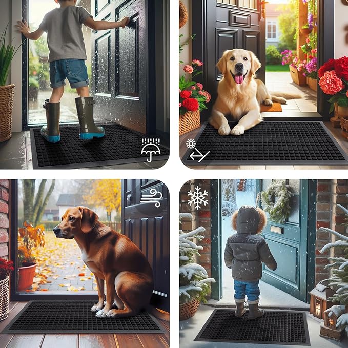 Smiry Front Door Mat Outside Entrance, Heavy Duty Natural Rubber Doormat, Non Slip, Trap Dirt and Moisture, Easy Clean, Low Profile Welcome Floor Mats for Indoor Outdoor Entry, 70x46.5 Inch, Black