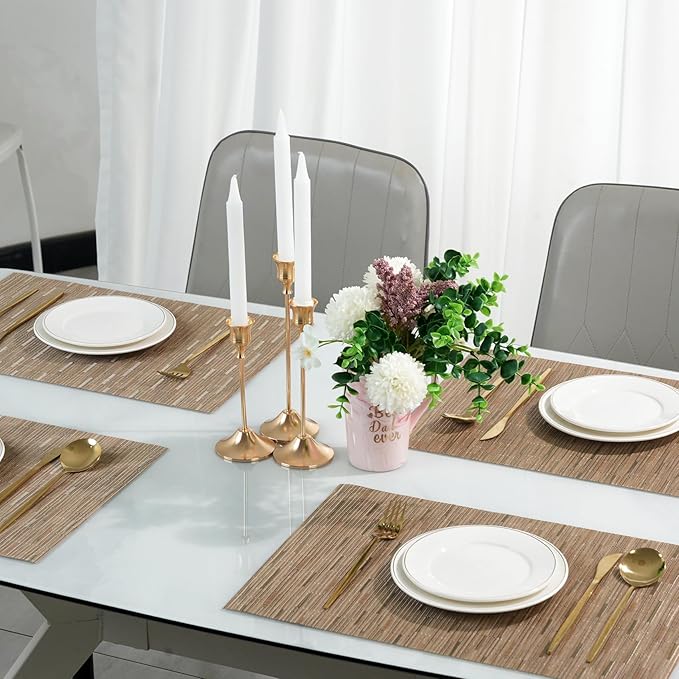 Placemats Set of 12，Non-Slip PVC Weave Table Mats Easy to Clean，Heat Resistant Place Mats for Kitchen Dining Table Decoration Indoor Outdoor，Light Brown
