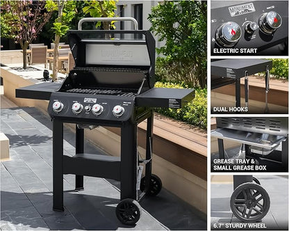Monument Grills 4-Burner Liquid Propane Gas Grill, Matte Black Stainless Steel Burner Grill with Clearview® Lid, One Foldable Shelf for Outdoor Cooking Kitchen Patio Backyard, Mesa420MF with BBQ Cover