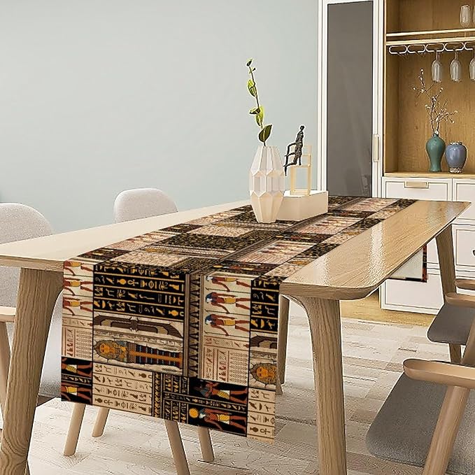 Ancient Egyptian Table Runner, Vintage Abstract Mystical Hieroglyphics Culture Table Runner for Dining Coffee Party Holiday Farmhouse 13x120in