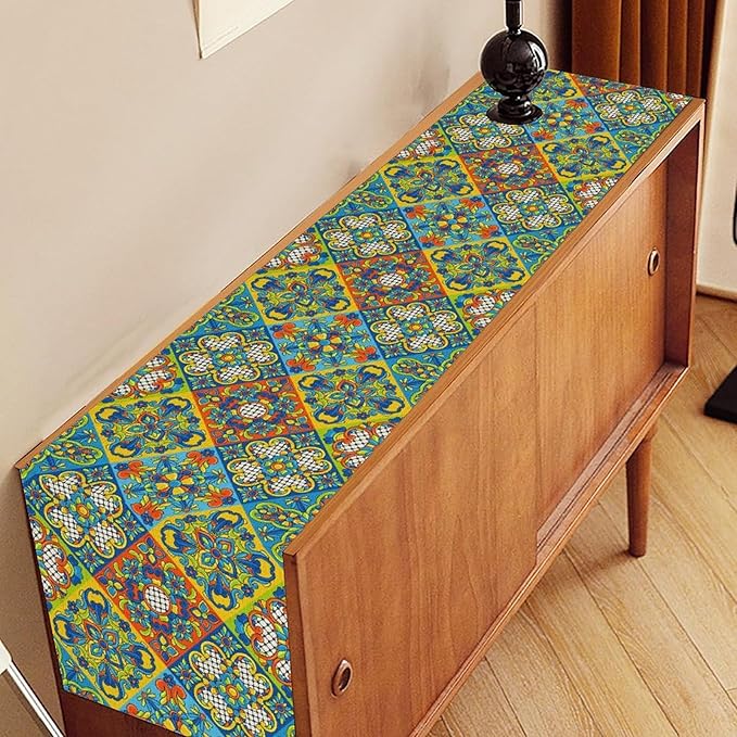 Mexican Table Runner, Blue Rustic Mexico Talavera Ceramic Hand Painted Tiles Cinco De Mayo Coffee Table Center Decor for Family Kitchen and Dining Patio Indoor Outdoor Table Decorations, 13" X 36"