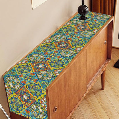 Mexican Table Runner, Blue Rustic Mexico Talavera Ceramic Hand Painted Tiles Cinco De Mayo Coffee Table Center Decor for Family Kitchen and Dining Patio Indoor Outdoor Table Decorations, 13" X 36"
