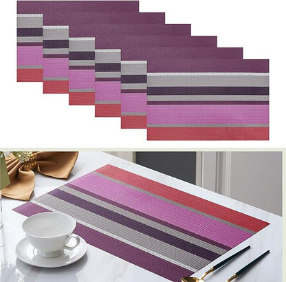 Set of 6 Colorful Striped Vinyl Placemats Heat-Resistant Washable Placemats Non-Slip Woven Table Mats Wipeable Placemat for Kitchen Dining Table Decoration Indoor Outdoor (Violet Purple)