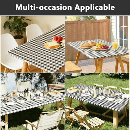 Rectangle Picnic Table Cloth, Elastic Waterproof Fitted Vinyl Tablecloths for 8 Foot Tables, Wipeable Flannel Backed Table Covers for Dining, Camping, Outdoor(Black Plaid,30"x96")