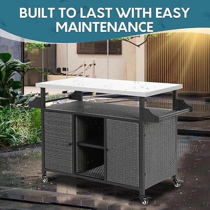 Outdoor Wicker Grill Cart with Storage Cabinet, Outdoor Moveable Bar with Rolling Wheels, Patio Prep Table with Wicker Cabinet, Kitchen Buffet Cabinet with Island, Grey