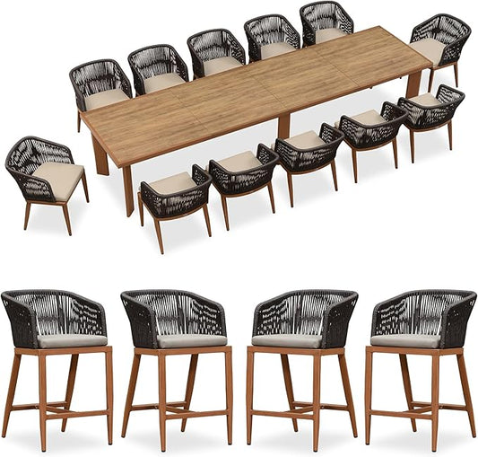 PURPLE LEAF 13 Pieces Outdoor Dining Set Patio Furniture Set Aluminum Rattan Wicker Patio Table and Chairs Set for Lawn Porch Deck Brown with Counter Stools