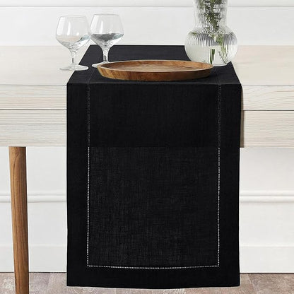 D'Moksha Homes Linen Black Table Runner 60 Inches - Classic Hemstitch, 100% Pure Linen Coffee Table Runner 14 x 60 Inch Ideal for Dresser Tables - Spring, Easter