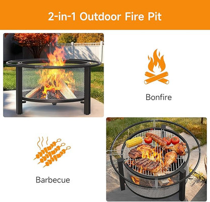 ONBRILL 2-in-1 32 Inch Fire Pit with Cooking Grill, Outdoor Wood Burning Firepit with Poker for BBQ, Bonfire, Picnic, Party, Round Metal Fire Pit for Outside, Backyard, Patio