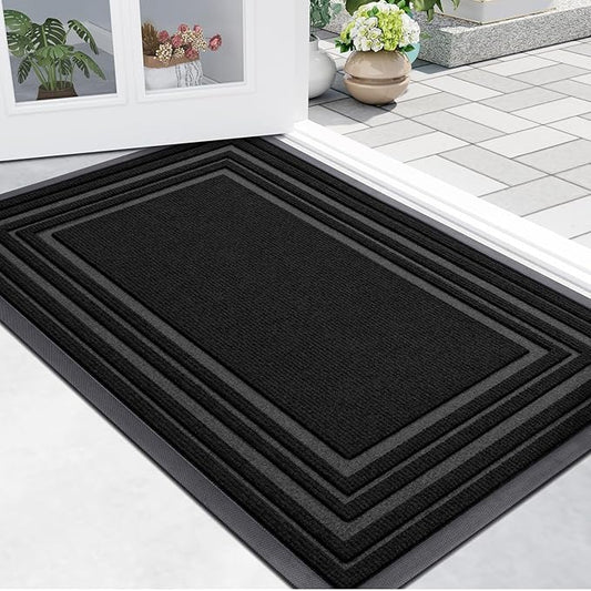 Buganda Front Door Mat Indoor Outdoor Entrance, Non-Slip Natural Rubber Doormats, Easy Clean, Low Profile, Dirt Trapper Entryway Floor Mats for Outside, Garages and Patios, 36x24, Black