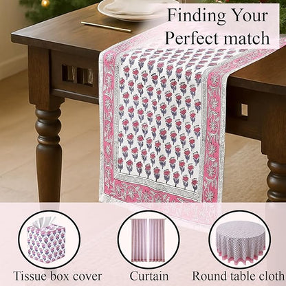 CPC Cotton Table Runner 16x90 Inch Block Printed Long Fall Table Runner for Dining Table, Card Table, Coffee Table, Wedding, Farmhouse & Outdoor Barbeque-Pink Sapphire