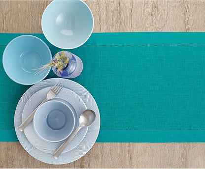Solino Home Linen Teal Table Runner 144 Inches Long - 100% Pure Linen Extra Long Table Runner 14 x 144 Inch - Classic Hemstitch