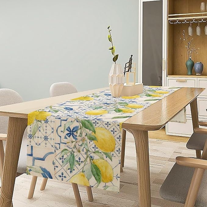 Vintage Lemon Table Runner, Watercolor Yellow Lemons Blue Tiles Spring Summer Seasonal Kitchen Dining Table Decoration for Indoor Outdoor Party, 13x70inch