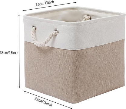 13 x 13 Inch Cube Storage Bins, 4 Pack Large Collapsible Fabric Storage Bin with Ropes, Foldable Storage Cubes for Home, Office,Closet, Clothes, Toys Organizer (White & Beige)