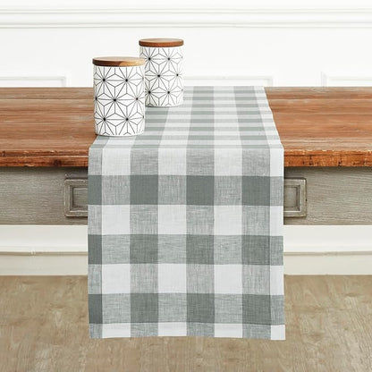 Solino Home Linen Checkered Table Runner 144 Inches Long - 100% Pure Linen Grey and White Buffalo Check Extra Long Table Runner 14 x 144 Inch Ideal for Dining, Winter, Spring, Easter