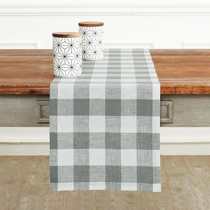Solino Home Linen Checkered Table Runner 132 Inches Long - 100% Pure Linen Buffalo Check Grey and White Table Runner 14 x 132 Inch Ideal for Dining, Winter, Spring, Easter
