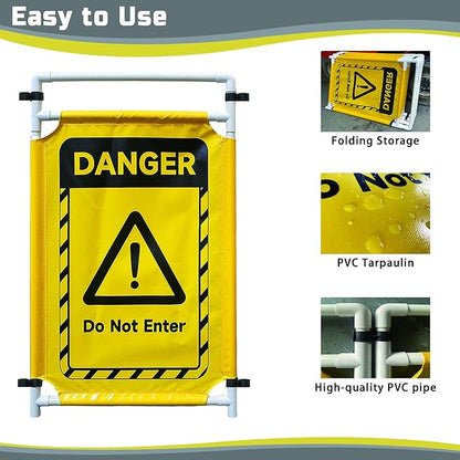 Safety Caution Barricade 3Panels Foldable Security Signs With PVC Tarp Removable Safety Barrier Wet Floor Guard Symbol Clear Printing Safety Fence(Yellow)