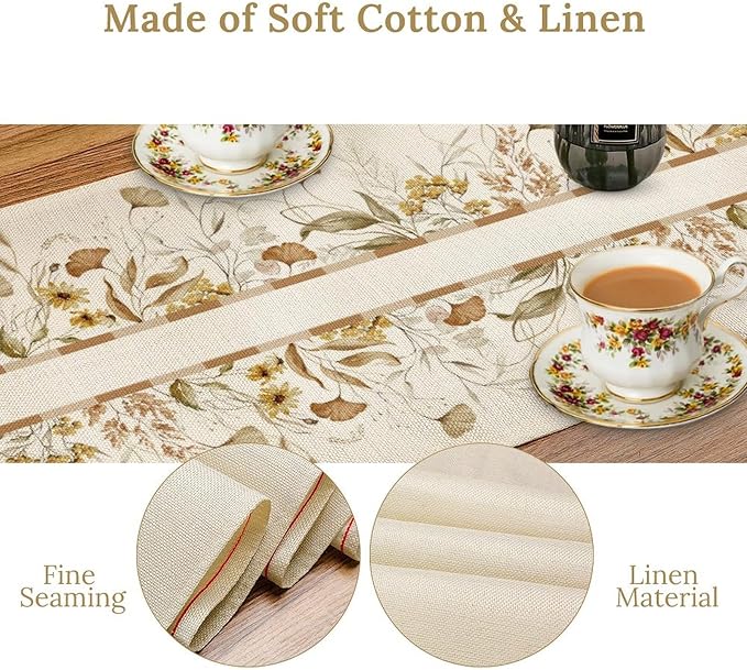 Autumn Wildflower Table Runner, Fall Yellow Flowers Leaves Thanksgiving Table Runner for Holiday Indoor Outdoor Home Party, 13x120inch