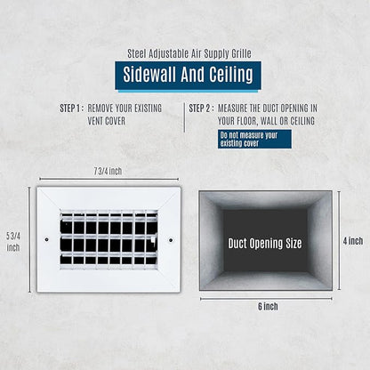 Fits 6x4 Duct Opening Steel Adjustable Air Supply Grille by Handua | Register Vent Cover Grill for Sidewall and Ceiling | White | Outer Dimensions: 7.75" X 5.75"