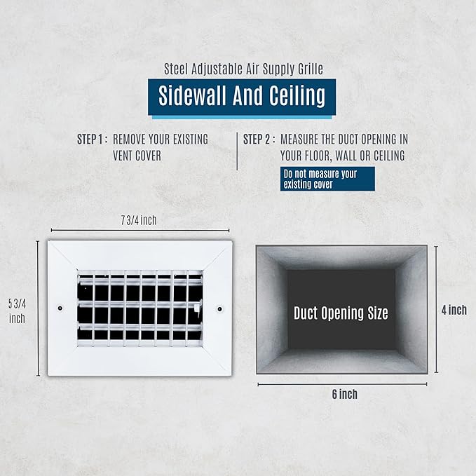[4 Pack] Fits 6x4 Duct Opening Steel Adjustable Air Supply Grille by Handua | Register Vent Cover Grill for Sidewall and Ceiling | White | Out. Dim.: 7.75" X 5.75"