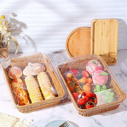 2 Set Wicker Bread Basket for Serving with Acrylic Lid Imitation Rattan Bread Basket Woven Rectangular with Cover for Fruit Food Display Party Easter Picnic(13.78" X 9.84")