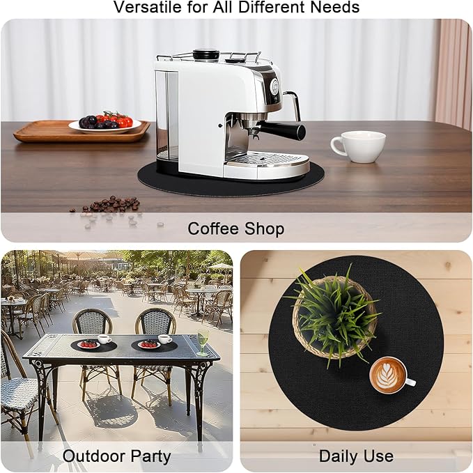 Myir JUN Round Placemats, Dual Sided Faux Leather Place Mats Set of 6 Indoor/Outdoor Non-Slip Washable Table Mats (Black, 6 Pack)