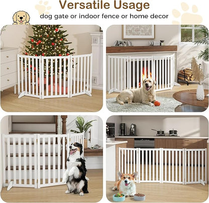 30" Height Tall Freestanding Pet Gate, Solid Wood Folding Safety Fence Wooden Dog Gate with 2 PCs Support Feet Ideal for Stairs, Doorways, Halls, Kitchens, Heavy Duty Gates, 3 Panels, White