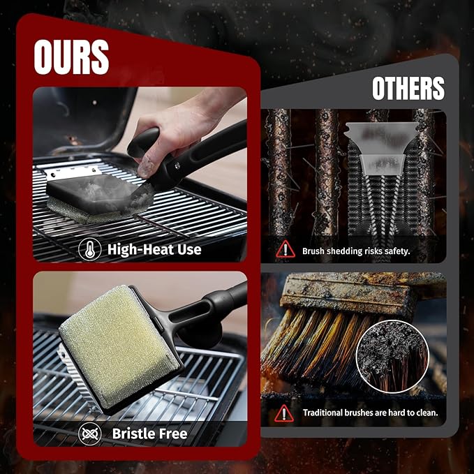 SHINESTAR Steam Grill Brush Bristle Free - Replaceable Cleaning Head with Unique Seamless-Fit Scraper, Durable Safe BBQ Cleaner for Cast Iron, Stainless-Steel & Various Grill Grate Types-Black