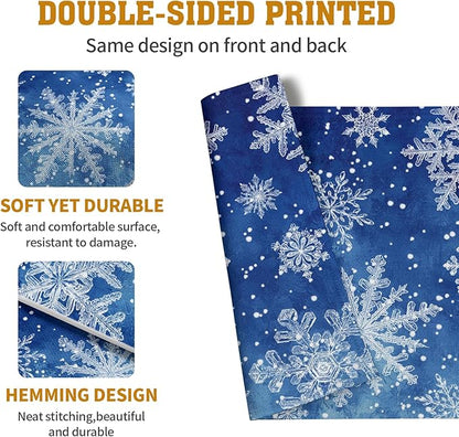 Winter Blue Snowflake Placemats Set of 4 Merry Christmas Snowflakes Linen Fabric Table Mats Seasonal Xmas Holiday Washable Place Mats for Party Kitchen Dining Outdoor Indoor Decor