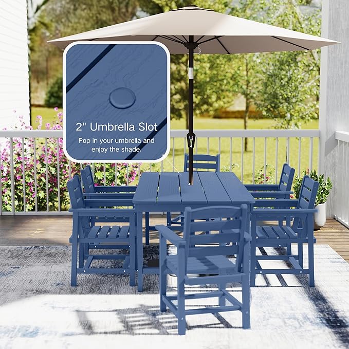7 Piece Patio Dining Set with 11ft Patio Umbrella (Apple Green), 7 Navy Outdoor HDPE Dining Set with 6 Chairs + 1 Large Table, for Market, Pool, Garden, Backyard, Deck