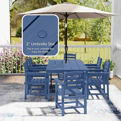 7 Piece Patio Dining Set with 11ft Patio Umbrella (Dark Green), 7 Navy Outdoor HDPE Dining Set with 6 Chairs + 1 Large Table, for Market, Pool, Garden, Backyard, Deck