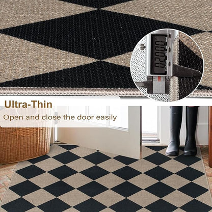 Easy Jute Checkered Area Rug, 3x5 Indoor Outdoor Door Mat Washable Black Modern Diamond Kitchen Rugs, Non-Slip Neutral Farmhouse Throw Carpet for Living Room Patio Kids Room