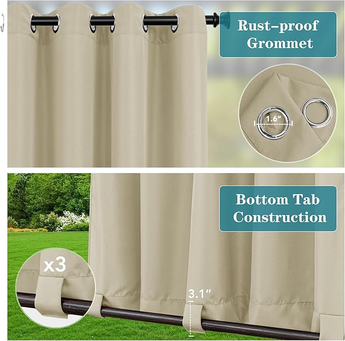 HolidayIdeas Outdoor Curtains for Patio Waterproof-4 Panels 54"x84"-Windproof Weatherproof Privacy Cream Outside Curtains-Grommet Top and Tab Bottom Drape for Gazebo, Porch, Pergola, Cabana, Backyard
