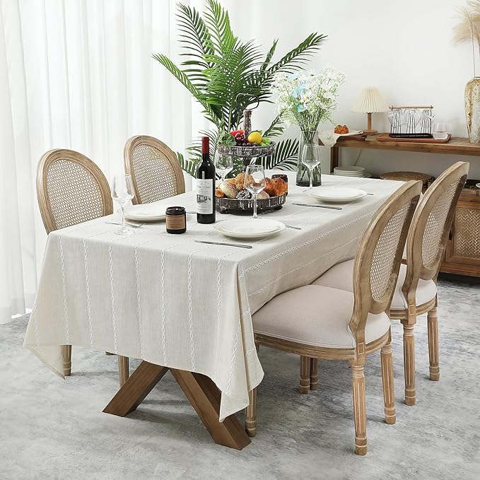 Chassic 60 x 120 inches Farmhouse Style Linen tablecloths, Wrinkle Resistant Washable Dining Room Table Cloths for 8 Foot Rectangle Tables - Beige
