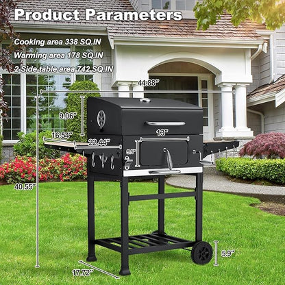 MELLCOM Small Charcoal Grill with Wood Foldable Side Table - 338 Sq.In BBQ Area with Individual Lifting Charcoal Trays & Thermometer, Movable Charcoal Barbeque Grill for Patio, Garden and Backyard