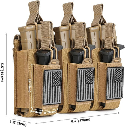 Open-Top Single/Double/Triple Molle Mag Pouch for 5.56mm M4 M16 AK AR Glock M1911 9mm Elastic Rifle Magazines Pistol Mag Pouches Holder Carrier with USA Flag Patch