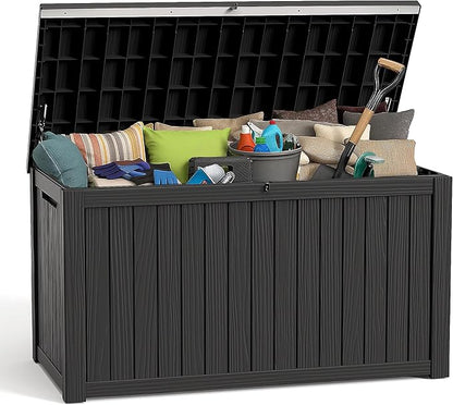 EasyUp 200 Gallon Outdoor Storage Box Waterproof, UV Resistant Resin Deck Box with Hydraulic Rod, Reinforced Stability for Patio, Garden, and Pool, Striped Black