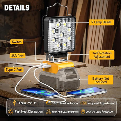 Ecarke LED Work Light Compatible with DEWALT 20V, 140° Pivoting Head Flashlight, 48W 4800Lumens, Cordless LED Flood Light, with USB and Type-C Charging Port for Outdoor