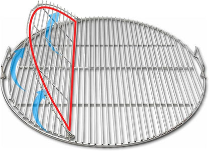 SnS Grills Slow ‘N Sear EasySpin Charcoal Grill Cooking Grate - Compatible with Weber and Other Grills, 2-Zone Stainless Steel Hinged Replacement - Tailgating & Backyard Cooking - 26” Inches