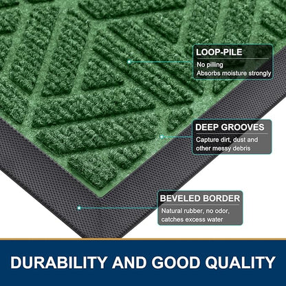 Smiry Front Door Mat Outside Entrance, Heavy Duty Sturdy Natural Rubber Doormat, Trap Dirt and Moisture, Easy Clean Low Profile Mats for Indoor Outdoor Entry, Grid Geometric (47x32, Green)