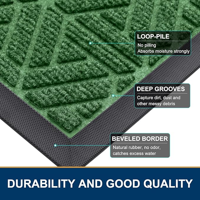 Smiry Front Door Mat Outside Entrance, Heavy Duty Sturdy Natural Rubber Doormat, Trap Dirt and Moisture, Easy Clean Low Profile Mats for Indoor Outdoor Entry, Grid Geometric (36x24, Green)