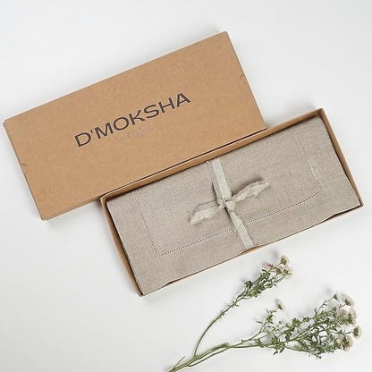 D'Moksha Homes Linen Natural Table Runner 120 Inches Long - 100% Pure Linen Hemstitch 14 x 120 Inch Table Runner for Dining, Valentines, Spring, Easter - Classic Hemstitch